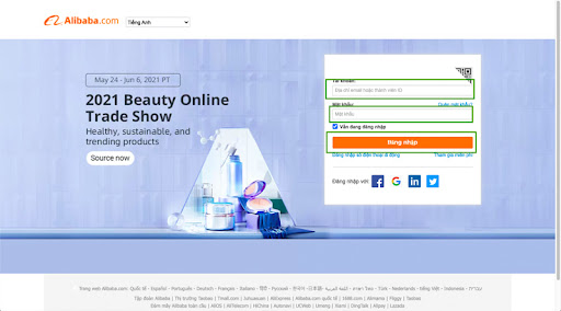 Điền thông tin tài khoản đã đăng ký để tiến hành đăng nhập trang Alibaba
