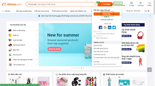 Đăng nhập tài khoản trên trang Alibaba để tiến hành đặt hàng 