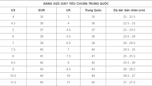 Bảng size giày Trung Quốc cơ bản