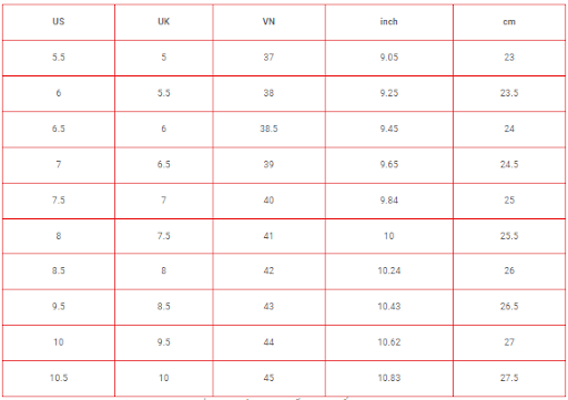Bảng size giày Trung Quốc dành cho nam