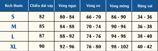 Bảng size đầm Quảng Châu liền thân