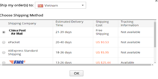 Chọn đơn vị Shipping trên Aliexpress