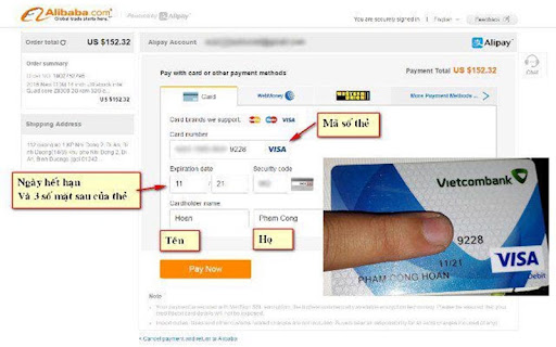 Lựa chọn thanh toán qua thẻ Visa, điền thông tin và bấm Pay Now