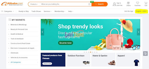 Trang chủ của trang website Alibaba