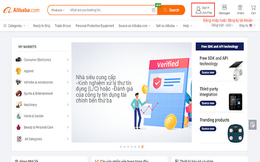 Trang chủ trên trang web Alibaba