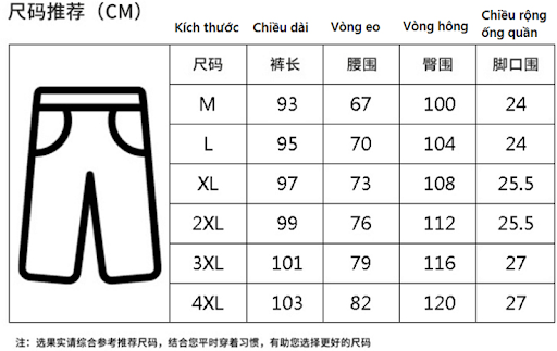 Bảng size quần nam Trung Quốc (ảnh minh họa)