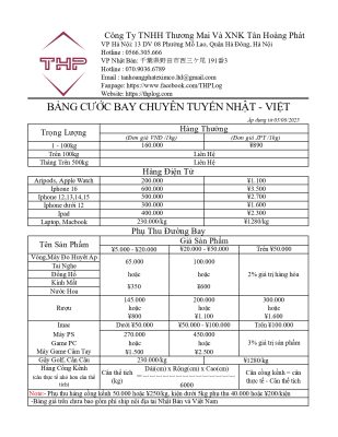 Bảng giá vận chuyển hàng từ Nhật Bản về Việt Nam